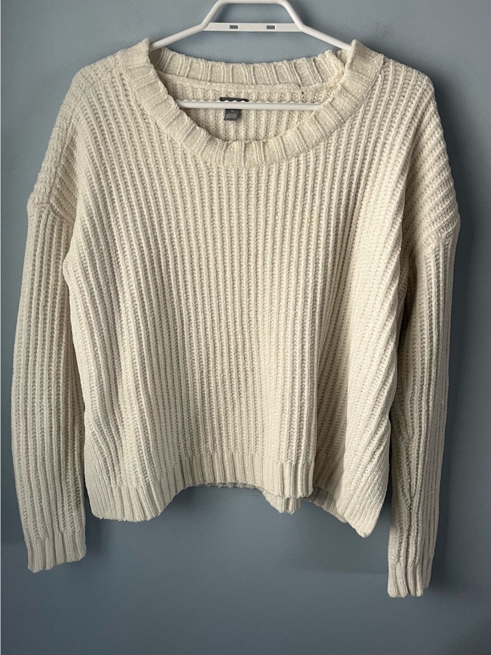 Aerie White Chenille-Knit Soft Ribbed Crewneck Cozy Sweater Size M